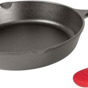 Lodge 12 Inch Cast Iron Skillet with Red Silicone Hot Handle Holder – Pre-Seasoned Frying Pan for Stove, Oven, Grill & Campfire – Made in the USA – Durable, Nonstick Cast Iron Cookware – Black