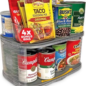 Mighty Susan Kitchen Organizer for Canned Goods: 2-Tiered Robust Turntable Organizer for Cabinet/Pantry. Steel Reinforced Holds Up To 30 lbs. Rotates 360° for Maximum Visibility. Includes 4 Bonus Bins
